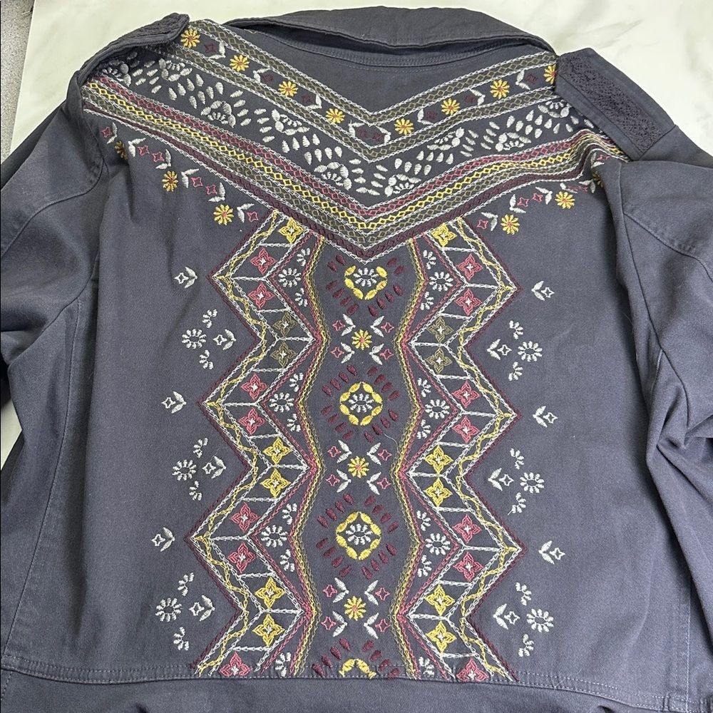 Knox Rose Embroidered Button Up Jacket with Peplum, Lace Detail & Raw Hem